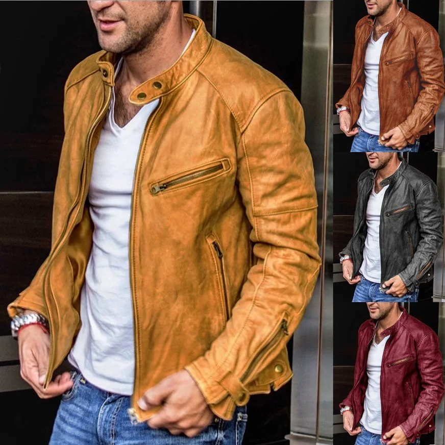 Men's PU Leather Jacket High Quality Motorcycle Style Stand Collar Casual Loose Fit Winter Coat for Young Men And Men