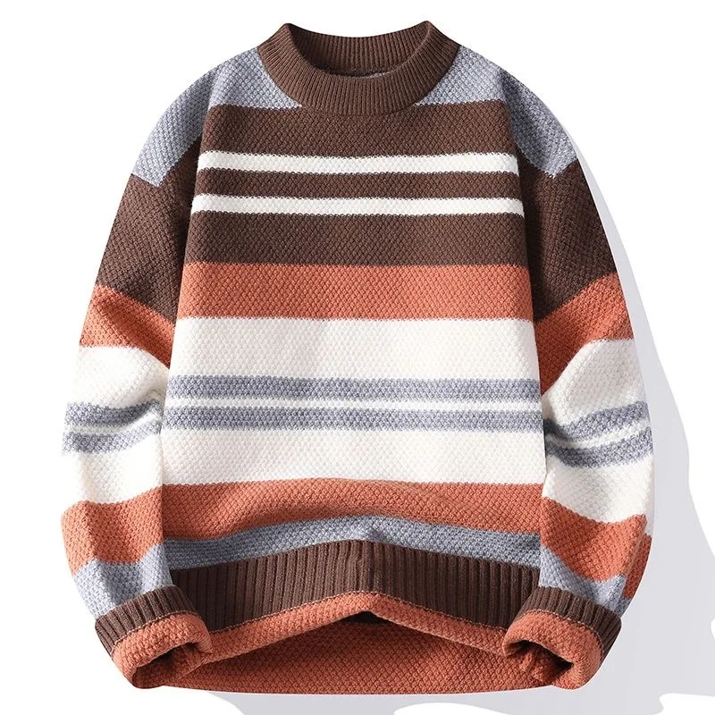 New Autumn/Winter Thickened Warm Windproof Striped Knitwear Men's Casual Loose Sports Plus Size High Quality Sweater M-4XL