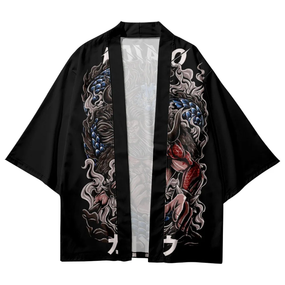 Japanese Anime Print Traditional Kimono Samurai Cosplay Haori Obi Women Men Cardigan Shirt Beach Yukata Oversized Asian Clothing