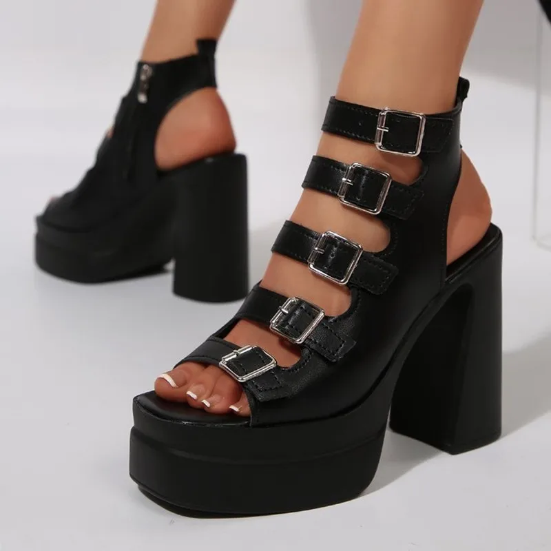 Women Summer New Platform Fashion Cutout Metal Buckle Non-slip Block Heel Roman High Heels Fish Mouth Sandals Sandalias De Mujer view 2