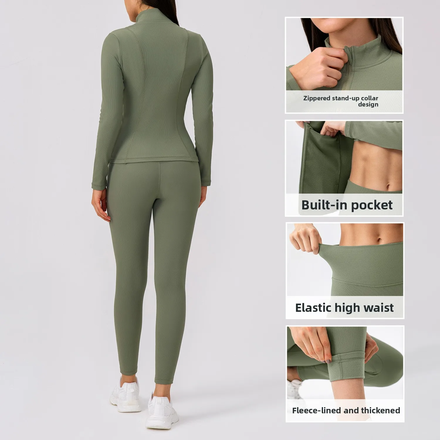 Women Vertical Striped Fleece Lined Yoga Set Autumn Winter Warm Thick Sports Outfit High Elastic Workout Jacket Pants Fitness