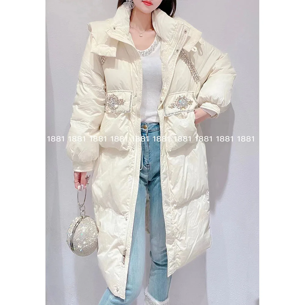 Exquisite Rhinestone Hooded Down Jacket Women\'s 2023 Winter New Loose Slimming Mid-Length Warm Jackets Sweet Elegant Coats