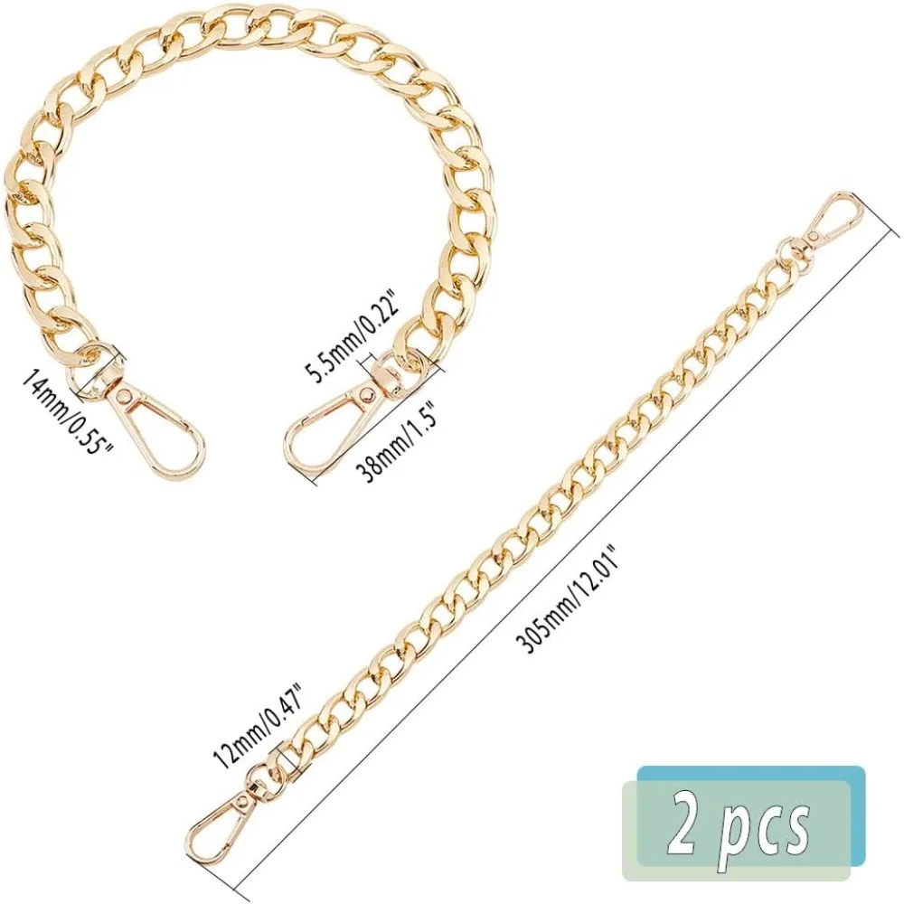 2pcs 12 Inch Golden Purse Strap Extender Gold Belt Chain Flat Bag Chain Straps for Handbags Clutches Purse Extended Bags