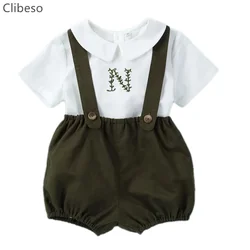 Baby Boy Boutique Clothes Set Children White Embroidered Shirt Suspender Shorts Outfit Toddler Spanish Clothing Peter Pan Collar