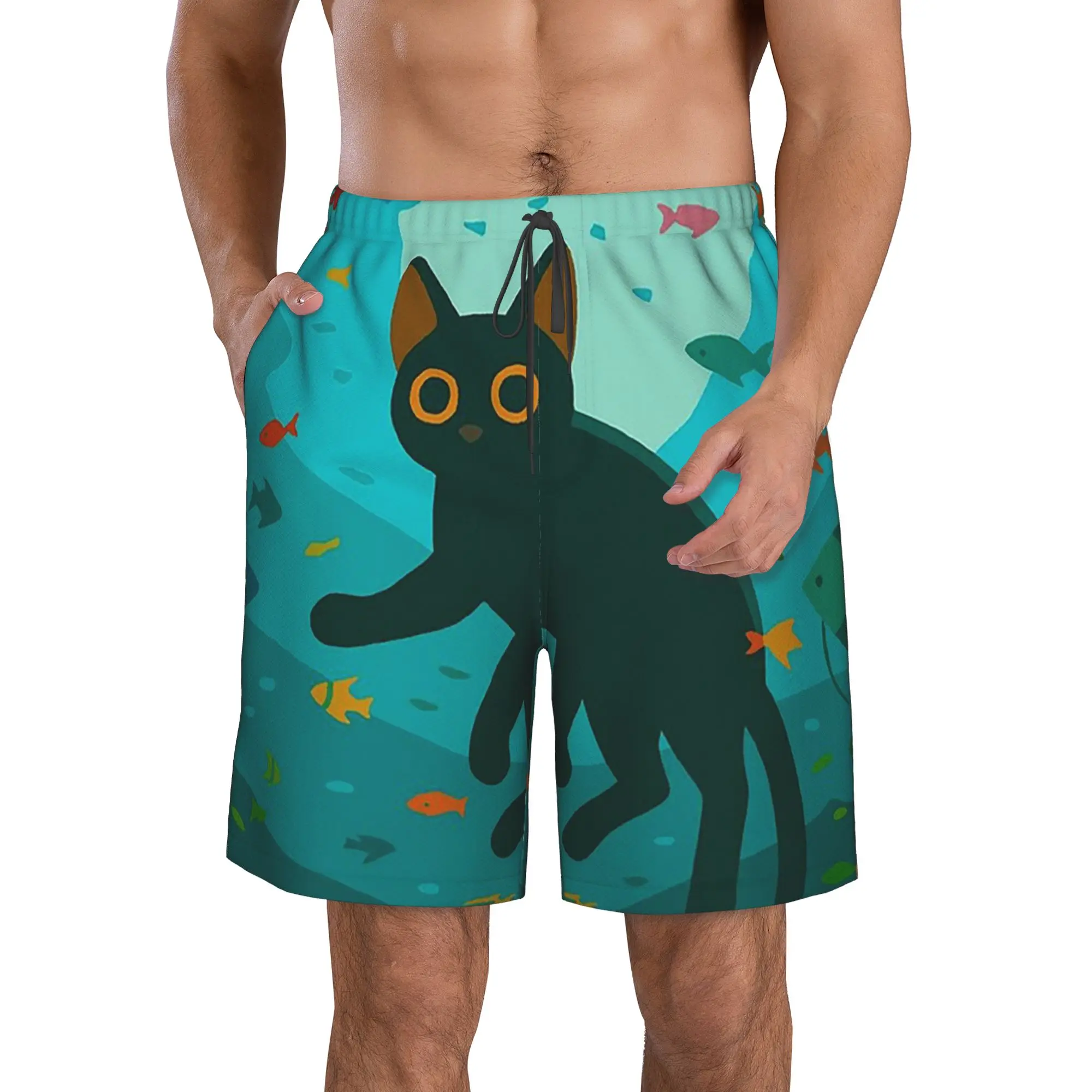 Cat Peeking Into Water Staring at Swimming Fish Trunks Beach Board Shorts Casual Quick Dry Swimming Summer Men Pants