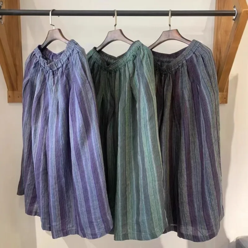 

Johnature Retro Color-blocked Striped Linen Pants For Women Summer New Loose Versatile Elastic Waist Tie Waist Wide-leg Pants