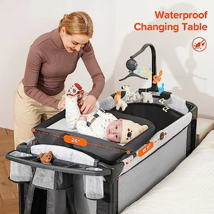 4 in 1 Wide Baby Bassinet Bedside with Diaper ChangerLong Next to Bed Crib with Mattress Sheet Music and Blackout Cover Playpen
