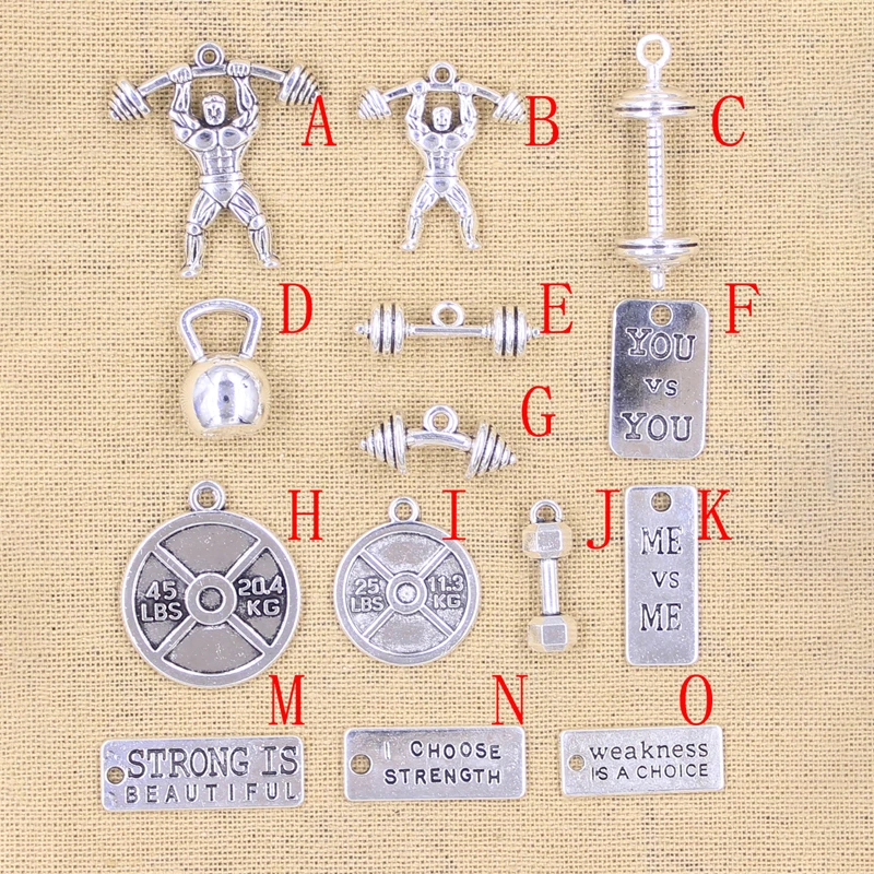 Charms Strong Muscle Men Fitness Dumbbell Barbell Antique Silver Color Pendants DIY Making Findings Handmade Tibetan Jewelry