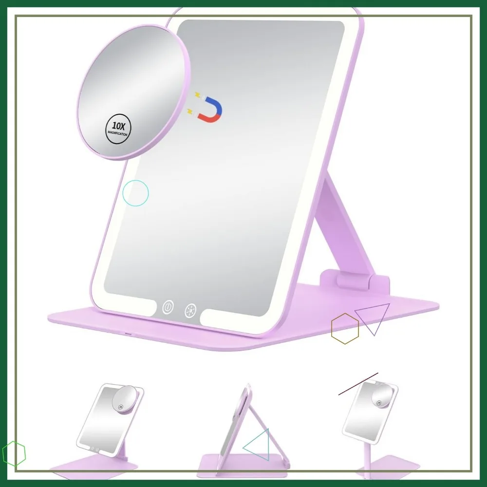 مرآة مكياج LED محمولة مع تكبير 10 مرات، وحامل قابل للتعديل، وبطارية قابلة لإعادة الشحن - أرجواني #1