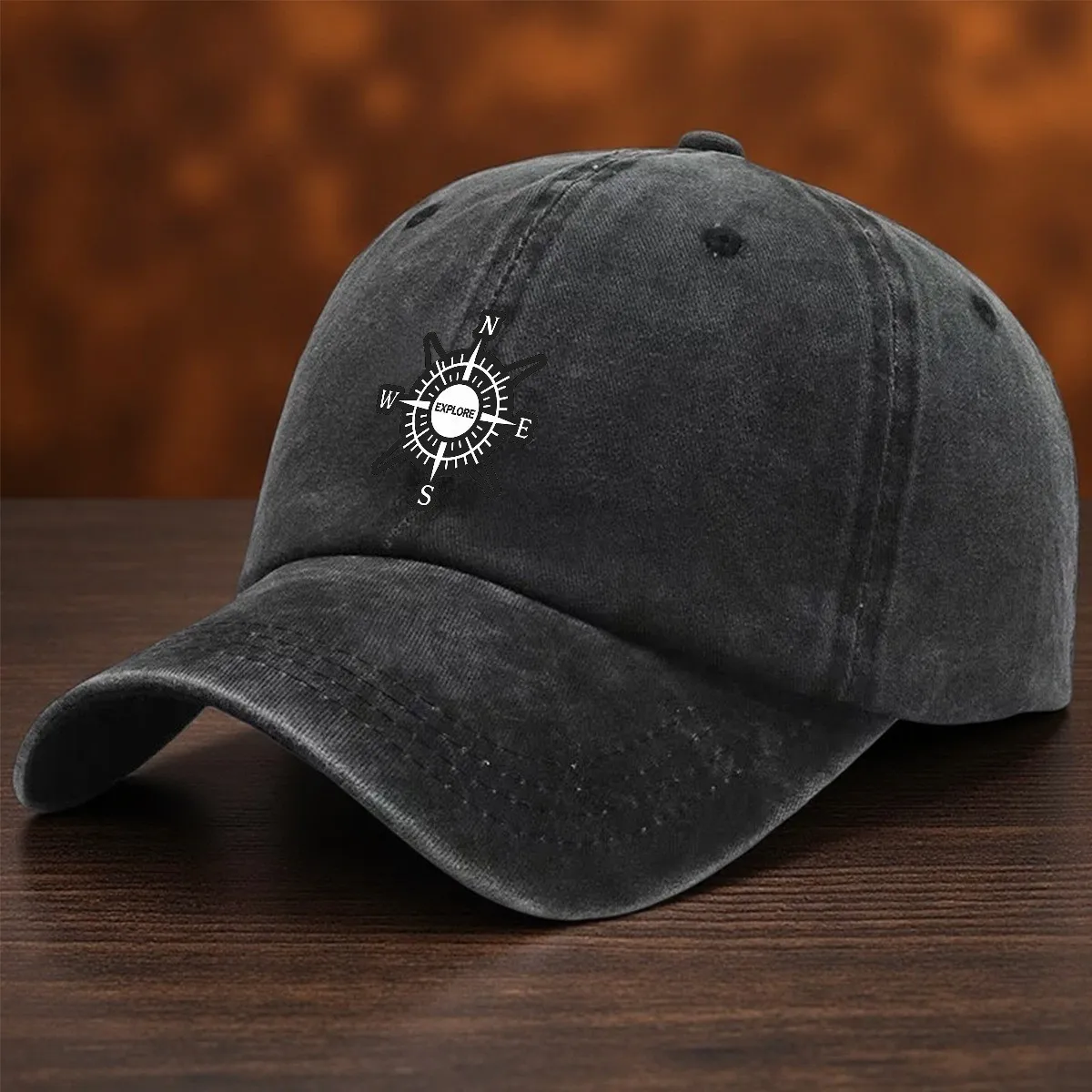 Compass Explore Baseball Cap Washed Denim Adjustable Sun Hat Unisex Outdoor Dad Cap