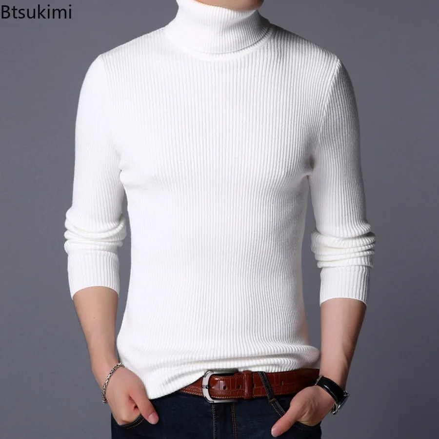

2025 Winter High Neck Thick Warm Stripes Sweater Men Turtleneck Brand Mens Sweaters Slim Fit Pullover Solid Color Basic Sweater