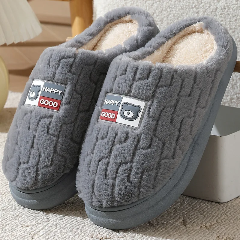 

Winter Couple Style Basic Design Women Plush Slippers Non-slip Warm Thick Furry Men Home Cotton Shoes