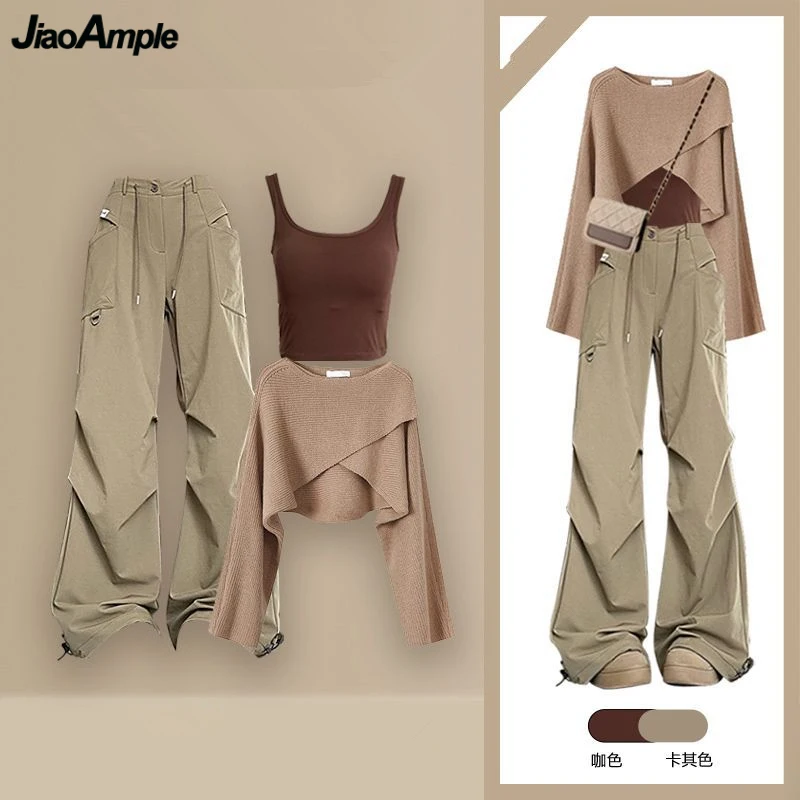 

2024 Autumn Winter Women Safari Style Clothing Matching Set Lady Casual Sweater Vest Cargo Pants Suits Knit Tops Trousers Outfit