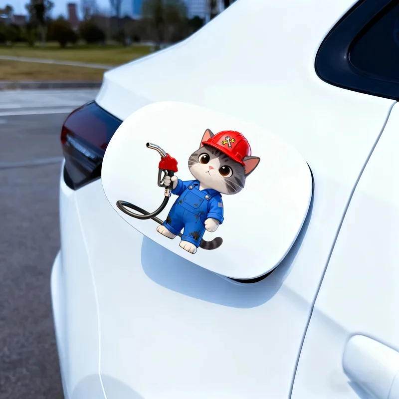 Funny Cat Refueling Car Sticker - Blue Overalls Red Hat Fuel Tank Decal, PVC Self-Adhesive Removable Waterproof Car Decor