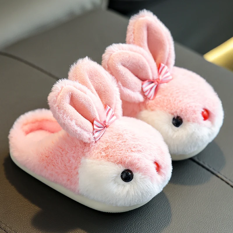 New Children's Plush Slippers Girls Autumn Winter Kids Slides Cute Rabbit Toe Wrap Indoor Home Floor Non-Slip Warm Cotton Shoes