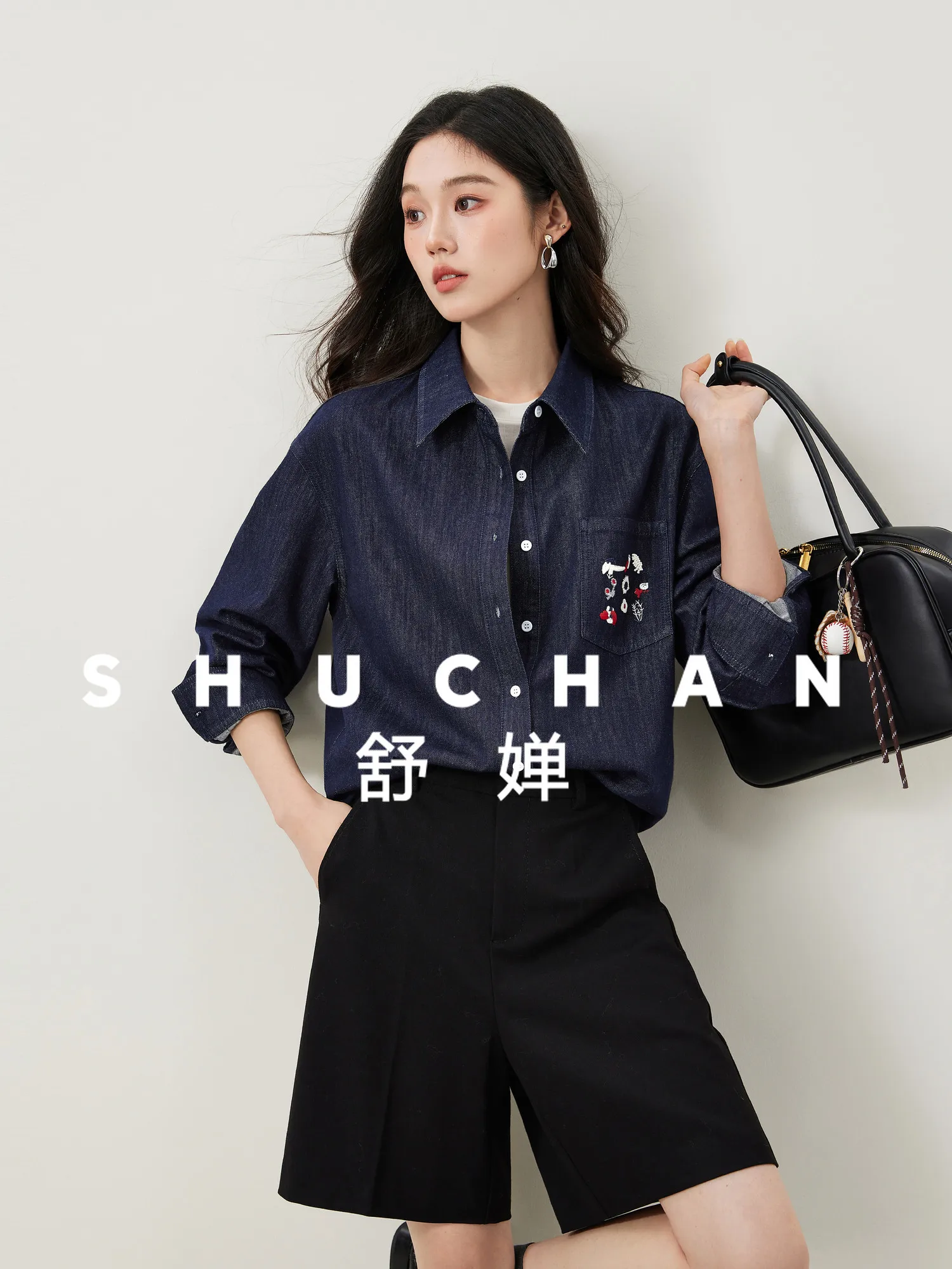 

[Flower Cluster] Retro Washed Denim, Literary Niche Bag Embroidered Classic Silhouette Shirt Women Blusas Mujer