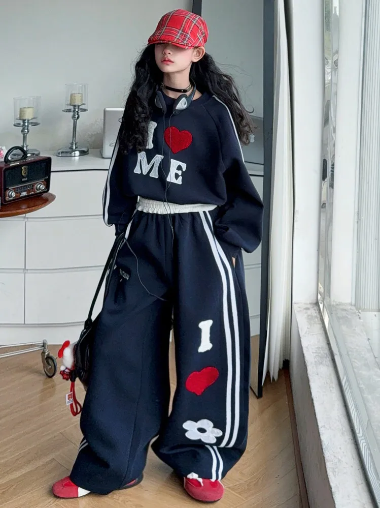 autumn 4-14 teen girls tracksuit set Love Hoodie+wide-leg pants