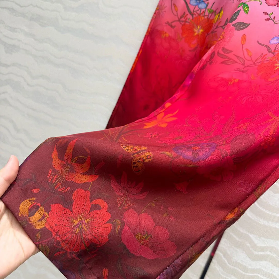 New Autumn Vintage 100% Silk Wide Leg Pants Women Elastic High Waist Belt Red Floral Print Loose Casual Trousers