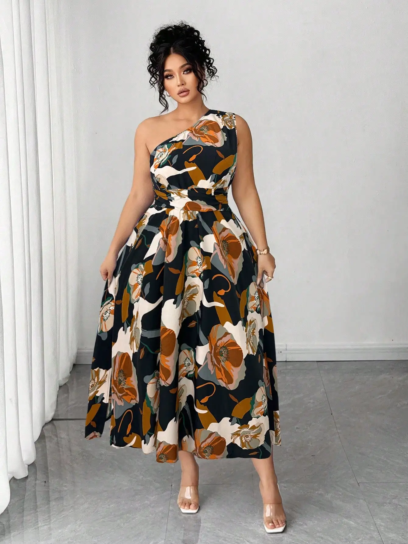 

Женское платье миди А-силуэта с цветочным принтом на одно плечо, элегантный наряд для вечеринки или свадьбы