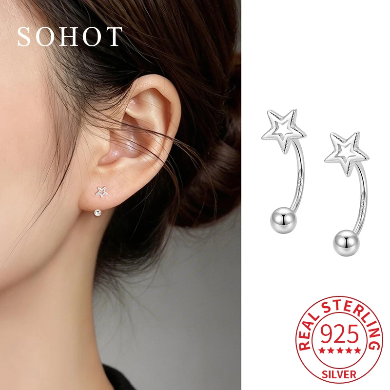 

Real 925 Sterling Silver Star Personality Stud Earrings for Charming Women Fine Jewelry Piercing Screw Bead Accessories