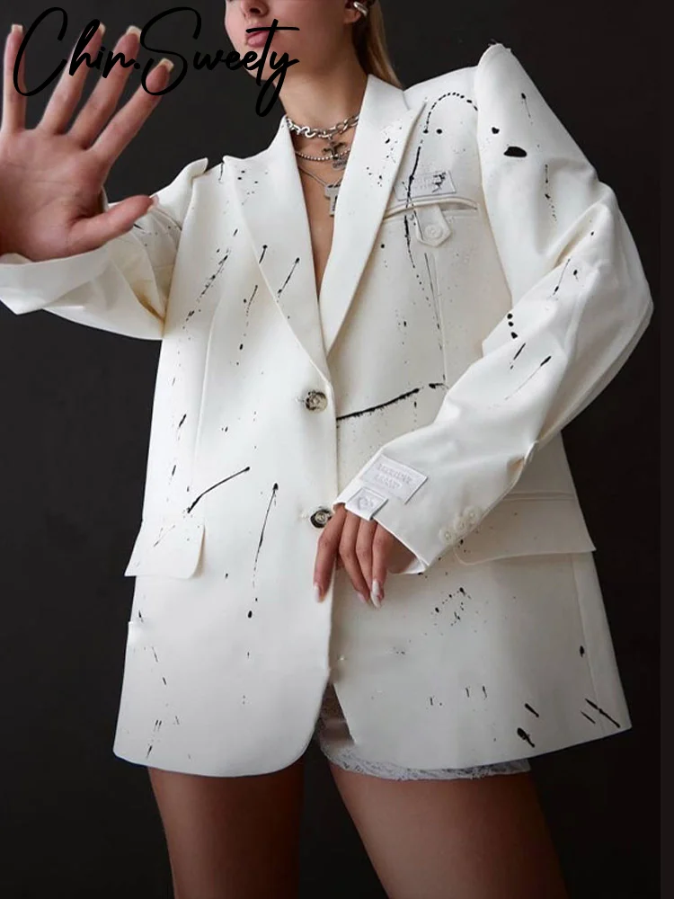 طباعة الباردة الكتف طويلة الأكمام دعوى سترة المرأة موضة بدوره إلى أسفل طوق واحدة الصدر جيوب بليزرات قاطرة ملابس خارجية