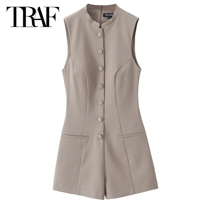 TRAF 2025 Khaki Short Bodysuit Women Overalls For Women Sleeveless Buckles Button-Up Jumpsuit One Pieces Woman Jumpsuits Elegant