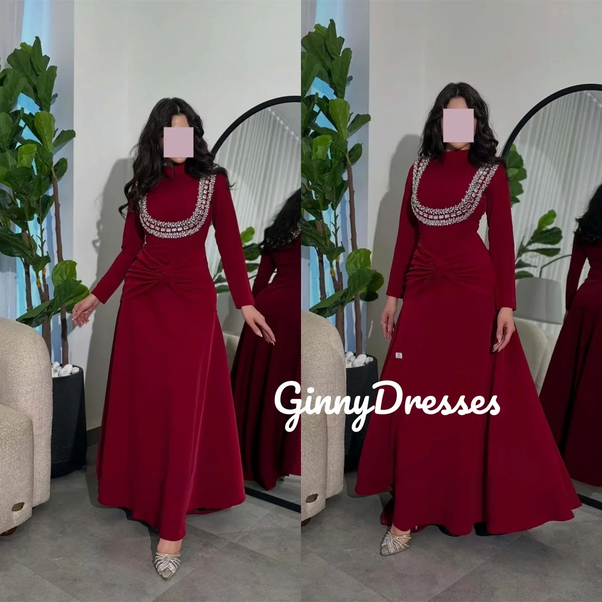 

Customize Scoop Neckline فستان حفلات الزفاف A-Line Floor-Length Wedding Party Dress Beaded Zipper Up Long Sleeves Birthday Dress