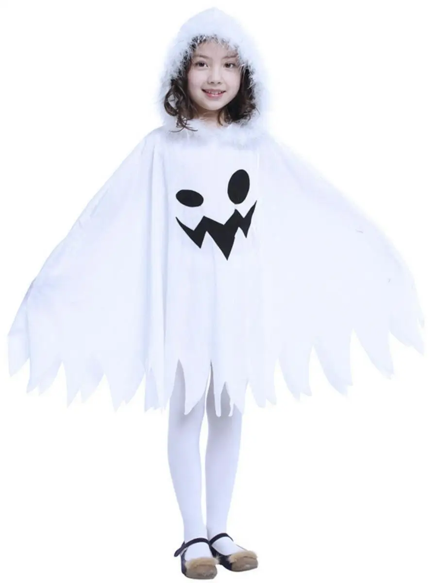 زي شبح للأطفال لعيد الهالوين، فستان أبيض بغطاء للرأس، ملابس تنكرية من البوليستر، مجموعة ربيع 2024