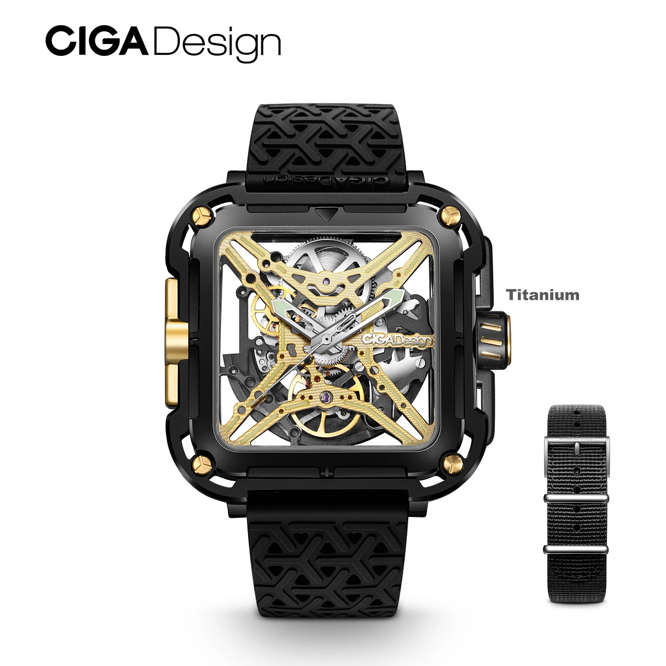 CIGA Design Titanium Gold Mechanical Watch Men X Series Luxury 2024 Male Skeleton Automatic Watches Silicone Nylon Two Straps