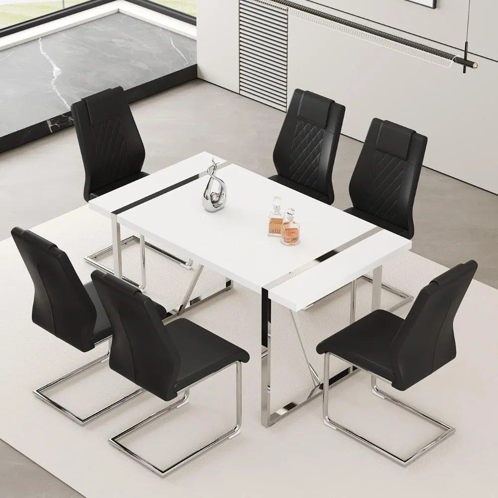 

55‘’ Dining Table Set,7-Piece,with 6 Upholstered Dining Chairs,Dining Tabletop and Silver Metal Frame, Table & Chairs