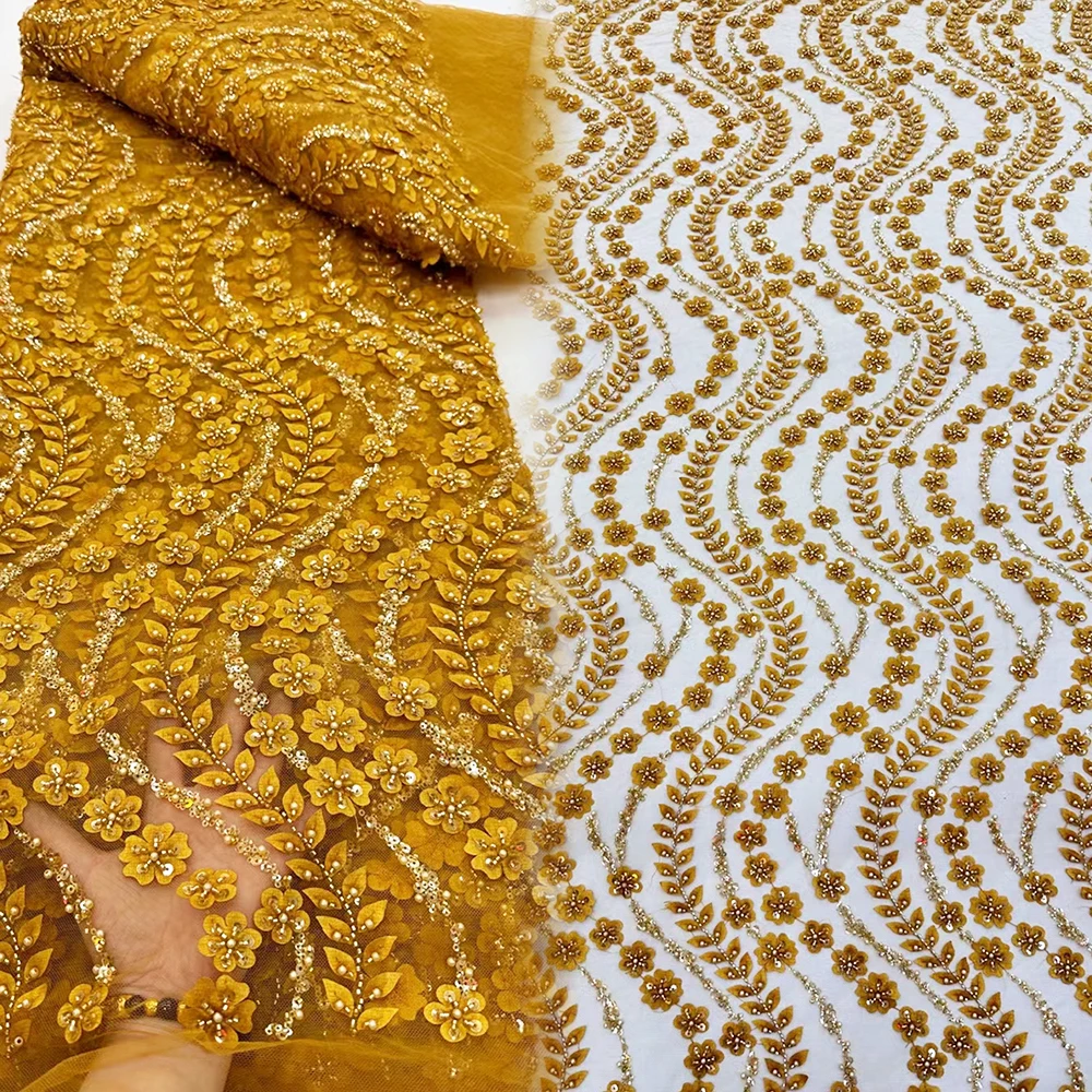 

Sinya Gold African 3D Lace Fabric White High Quality Lace Appliques French Tulle Embroidery Luxury Sequins Beaded Lace Fabric