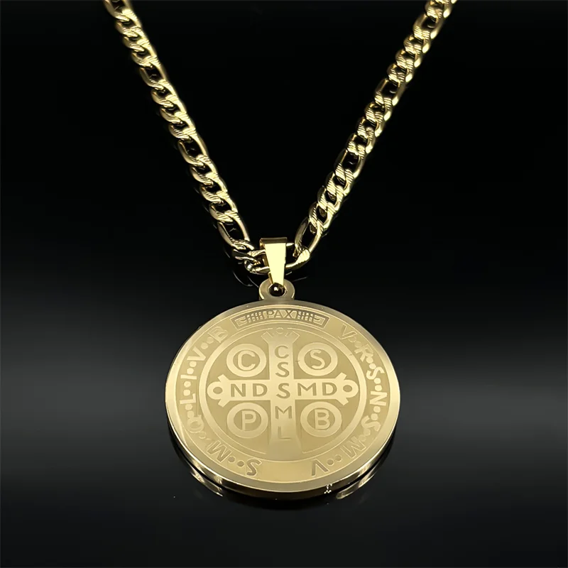 Hip Hop Crystals Saint Benedict Medallion Pendant Necklace Men Stainless Steel Gold Color Necklaces Jewelry San Benito Collares