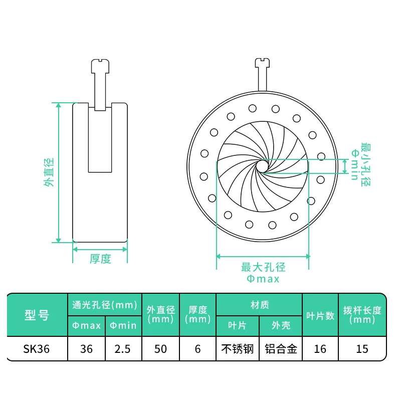 Novo módulo de abertura 2.5-36mm, regulador de luz condensador de diafragma de íris integrado, 14 lâminas para microscópio de câmera digital