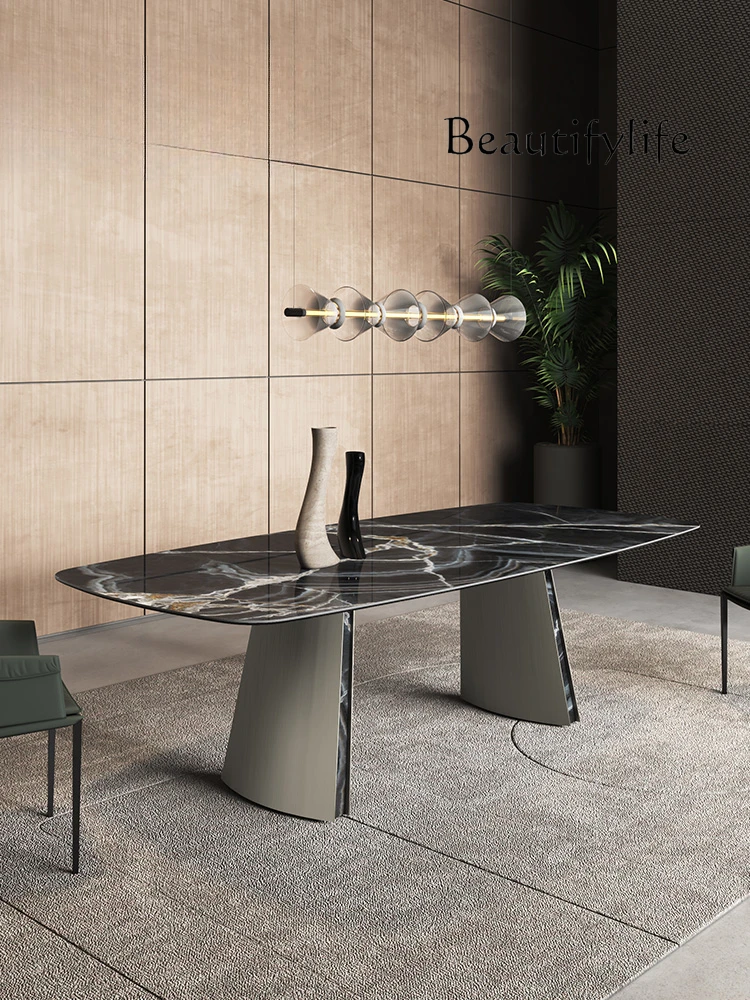 Italian-Style Light Luxury Minimalist Bright Rock Plate Stainless Steel Designer Modern Rectangular Retro Dining Table