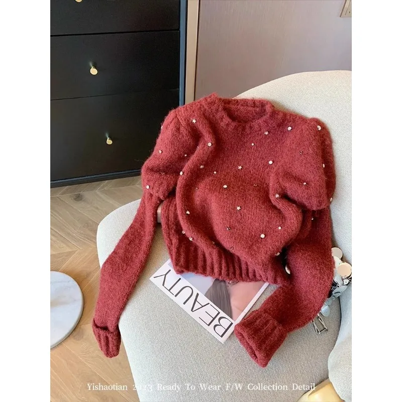 Christmas Red Beaded Round Neck Puff Sleeve Sweater Women's Knitted Sweater Threaded Long Sleeve Top