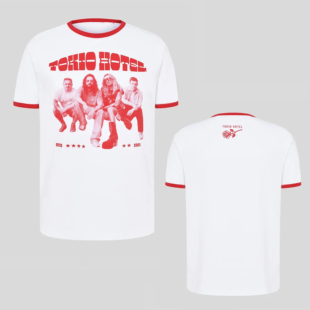 Unisex Ringer T Shirt Tokio Hotel Band Portrait Graphic Tees White Red Trim O-neck Short Sleeve Vintage Rock Music Casual Tops