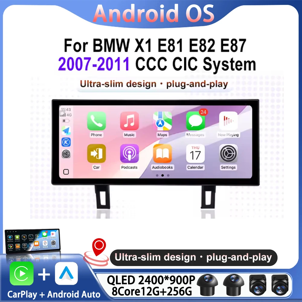 QLED Android 16 Carplay For BMW 1 Series E81 E82 E87 E88 2007-2011 CCC CIC Car Multimedia Player GPS Wireless Stereo Radio