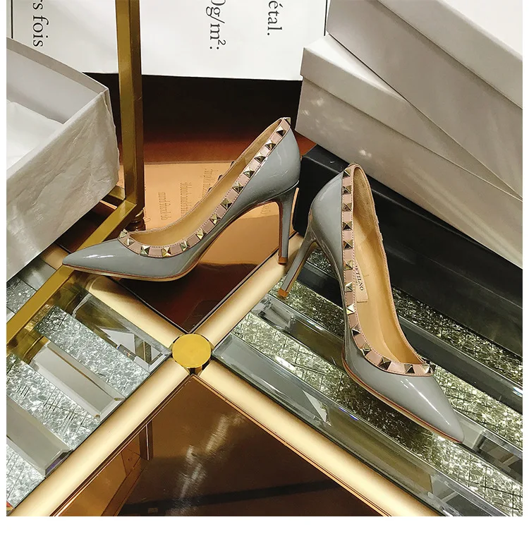 2026 Popular Pointed Toe Patent Leather Rivet Stud High Heels Shoes Banquet Party WeddingShoes Nightclub High Heels Women Shoes