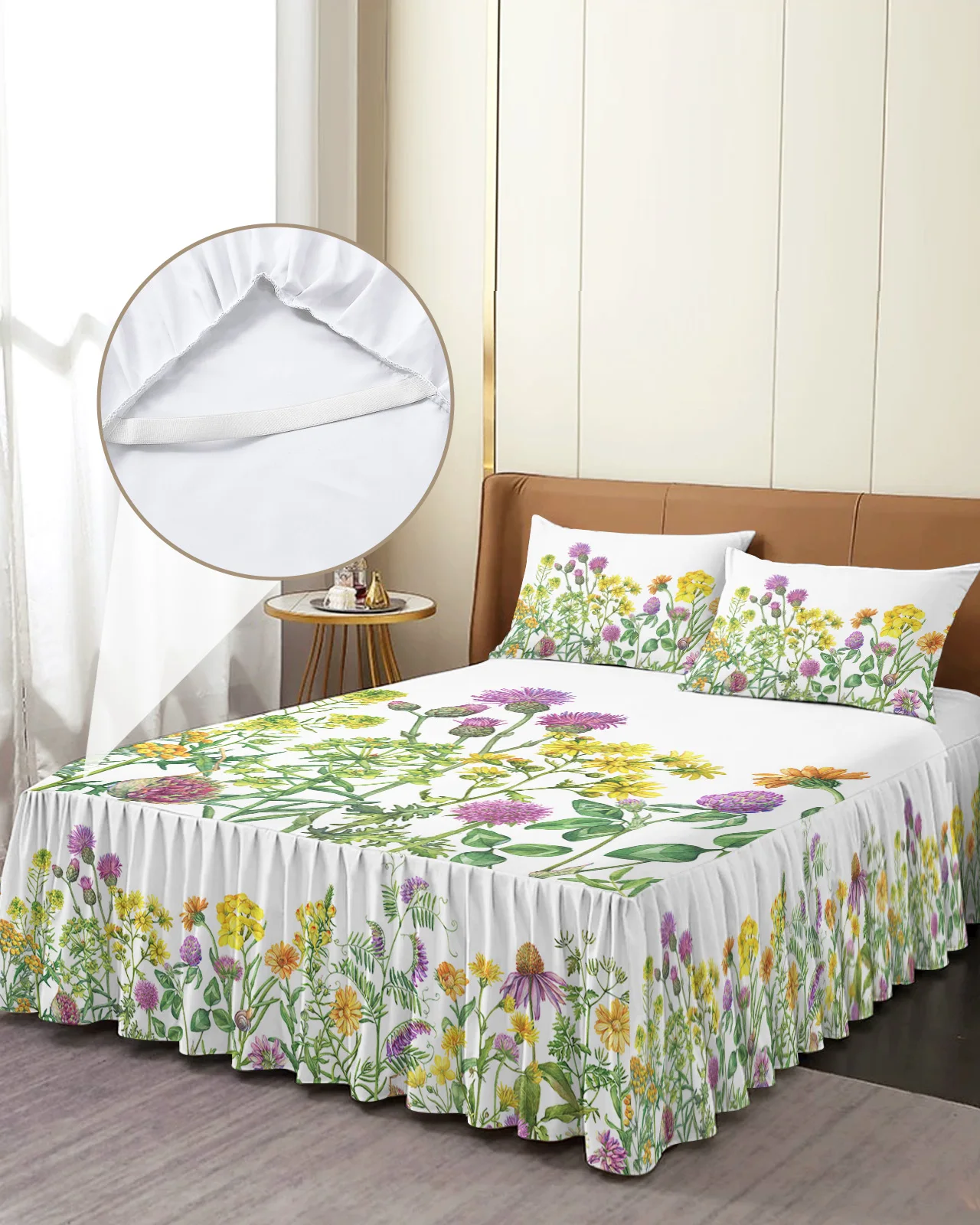 Spring Flower Daisy Butterfly Bed Skirt Elastic Fitted Bedspread With Pillowcases Mattress Cover Bedding Set Bed Sheet