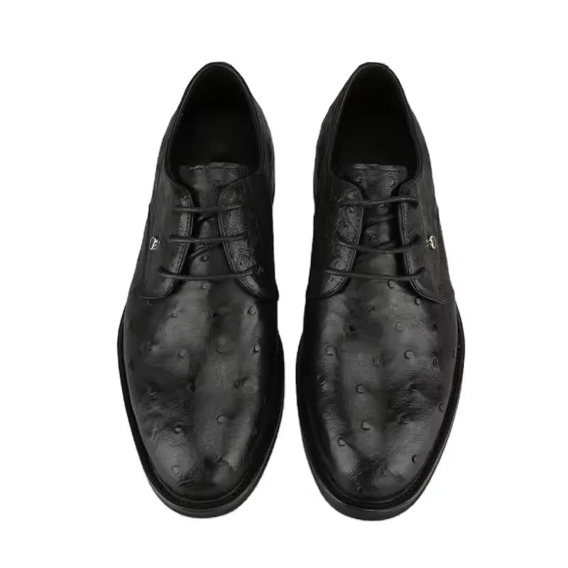 Authentic Real True Ostrich Skin Classic Solid Black Businessmen Dress Oxfords Genuine Exotic Leather Male Lace-up Soft Shoes