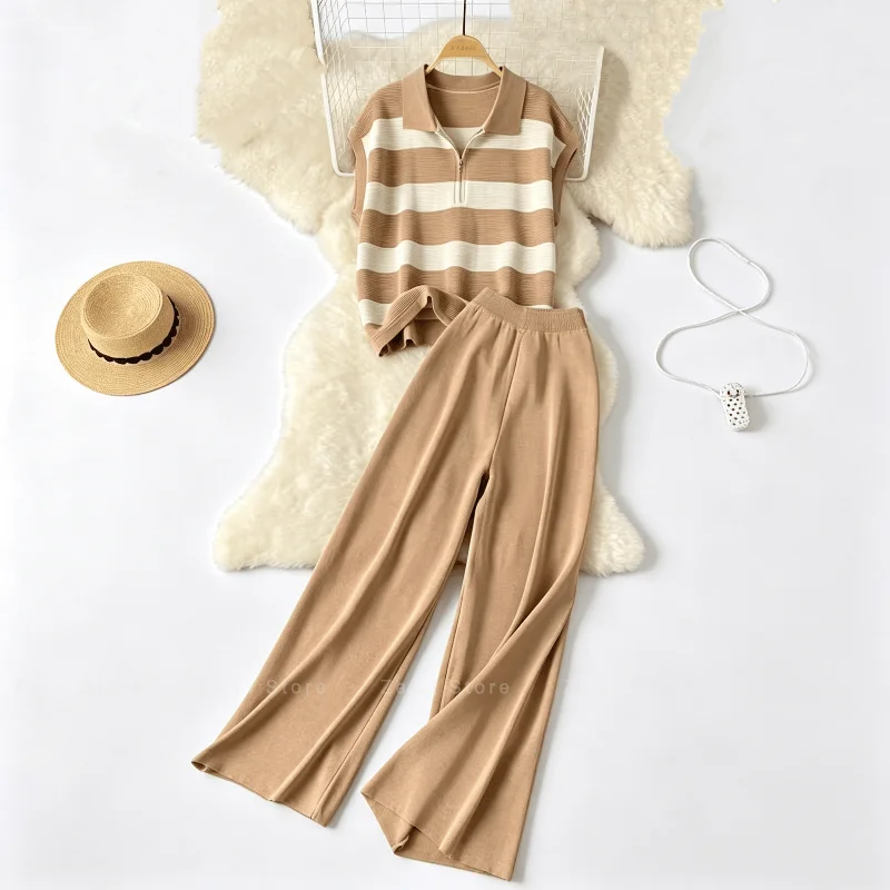

Casual Striped Polo Sleeveless Knit Set for Women - Summer Ice Silk Wide Leg Two-piece Outfit