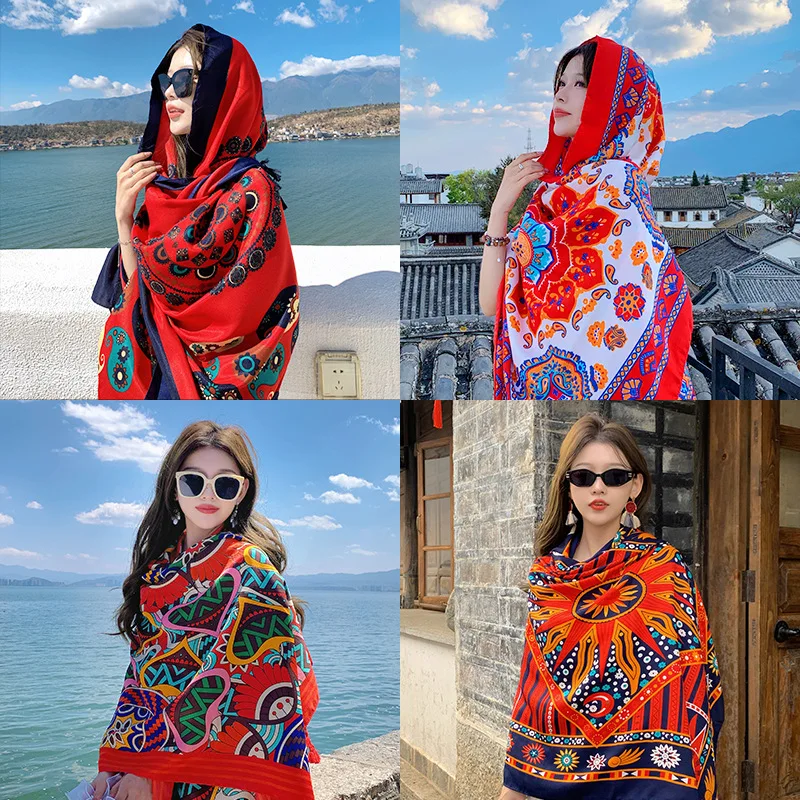 

Летний этнический шарф-шаль в стиле Юньнань, для путешествий, пляжный платок, шелковый шарф, дышащий шарф-шаль