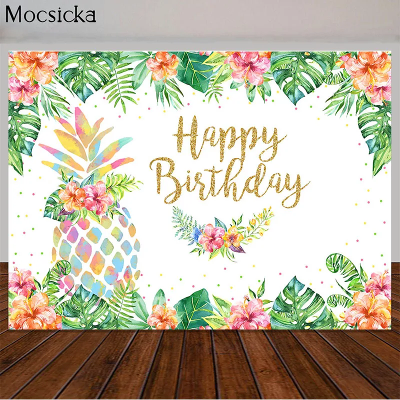 

Happy Birthday Photography Backdrops Tropical Green Leaf Flowers Photo Background Colorful Pineapple Cake Table Decor Banner