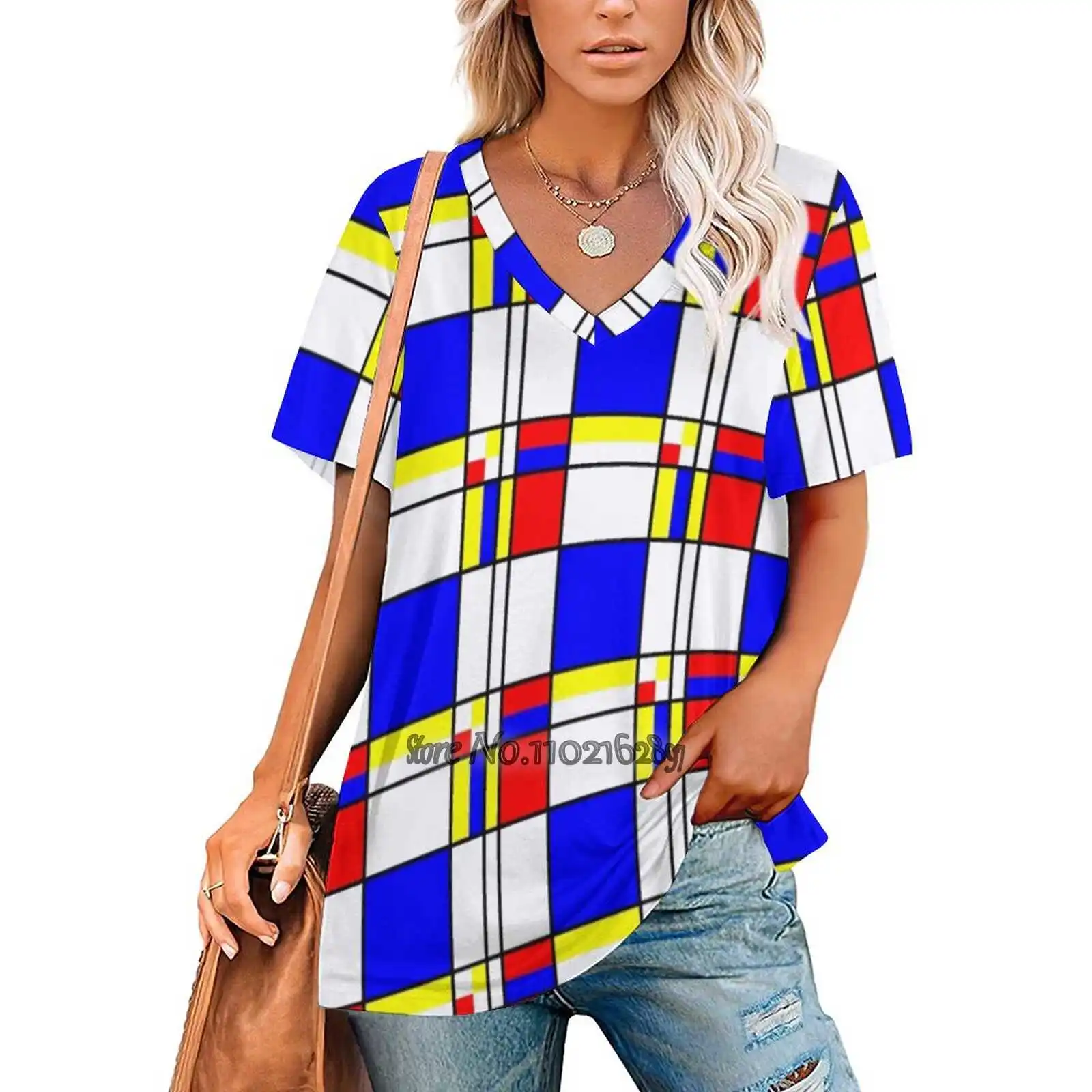 Piet Mondriaan-Geïnspireerd 1 Vrouwen T-shirt Terug Vetersluiting Casual Korte Mouw Tops Zomer Tees Piet Mondriaan Geometrie Geel Rood