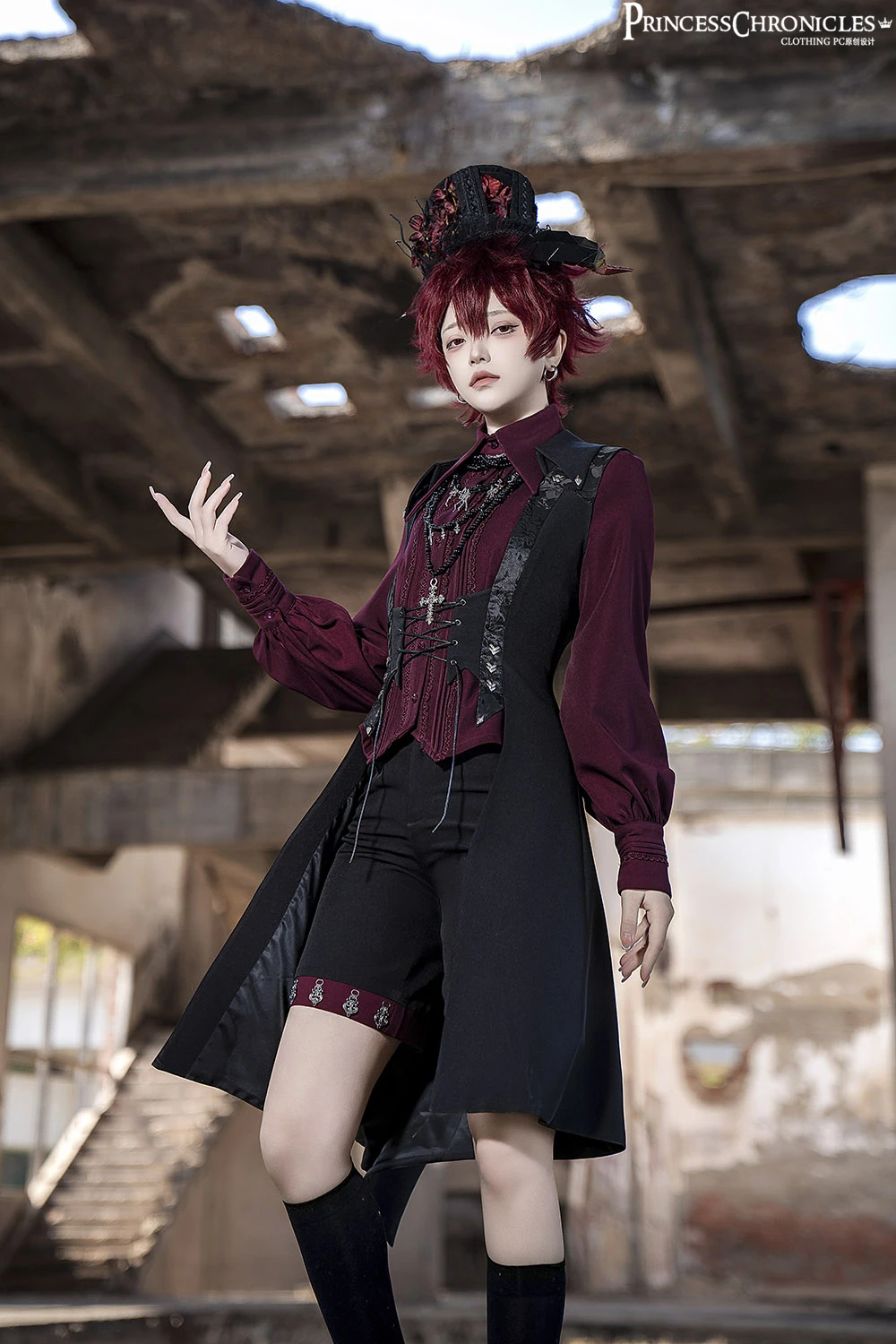 

Red and Black Retro Dark Lolita Medieval Stylish Slim Long Vest Palace Style Burgundy Puff Long Sleeve Shirt Black Shorts