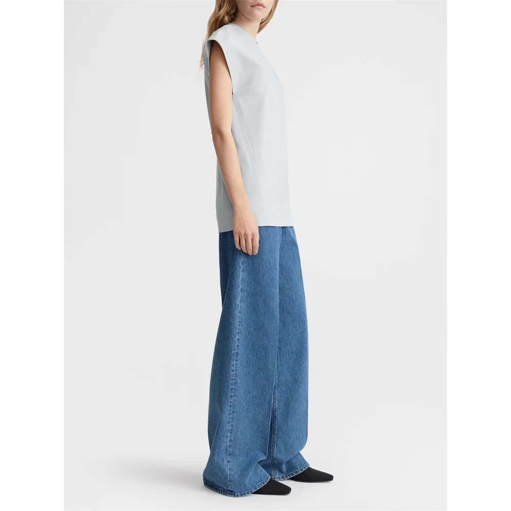 2025 Primavera/Novedad de verano Camiseta sin mangas de manga corta holgada de algodón minimalista para mujer