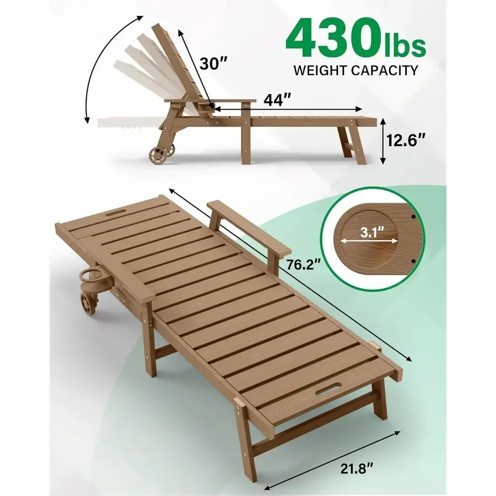 4-Piece Outdoor Lounge Chair Set: Adjustable Backrest, Cup Holders, Wheels, Weather-Resistant Teak for Patio, Deck, Beach