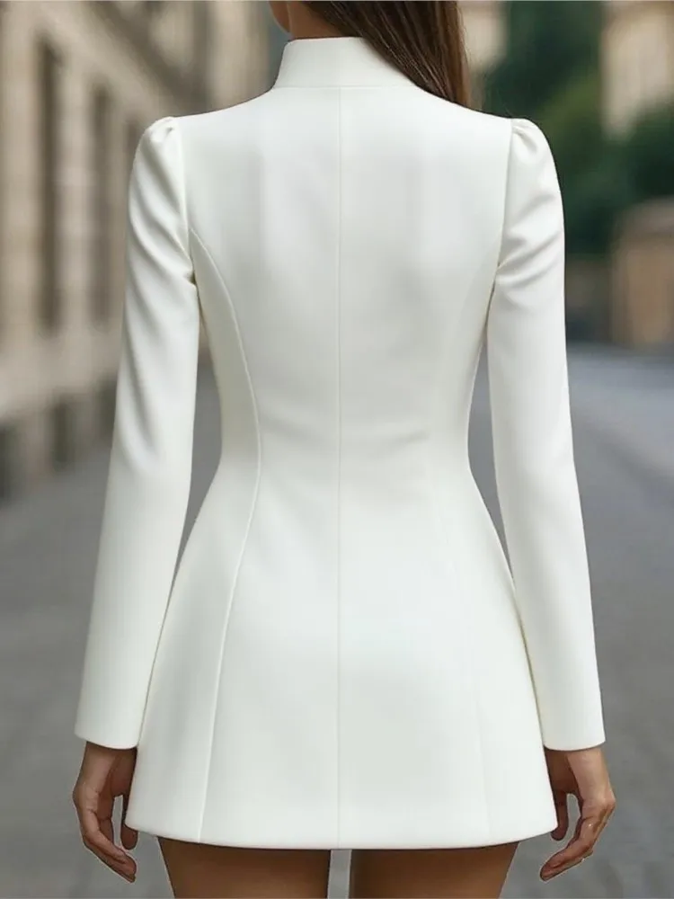 

Casual Solid Short Dress Autumn Women's Standing Collar Long Sleeved Dress Office Ladies Elegant Button High Waist Party Dress