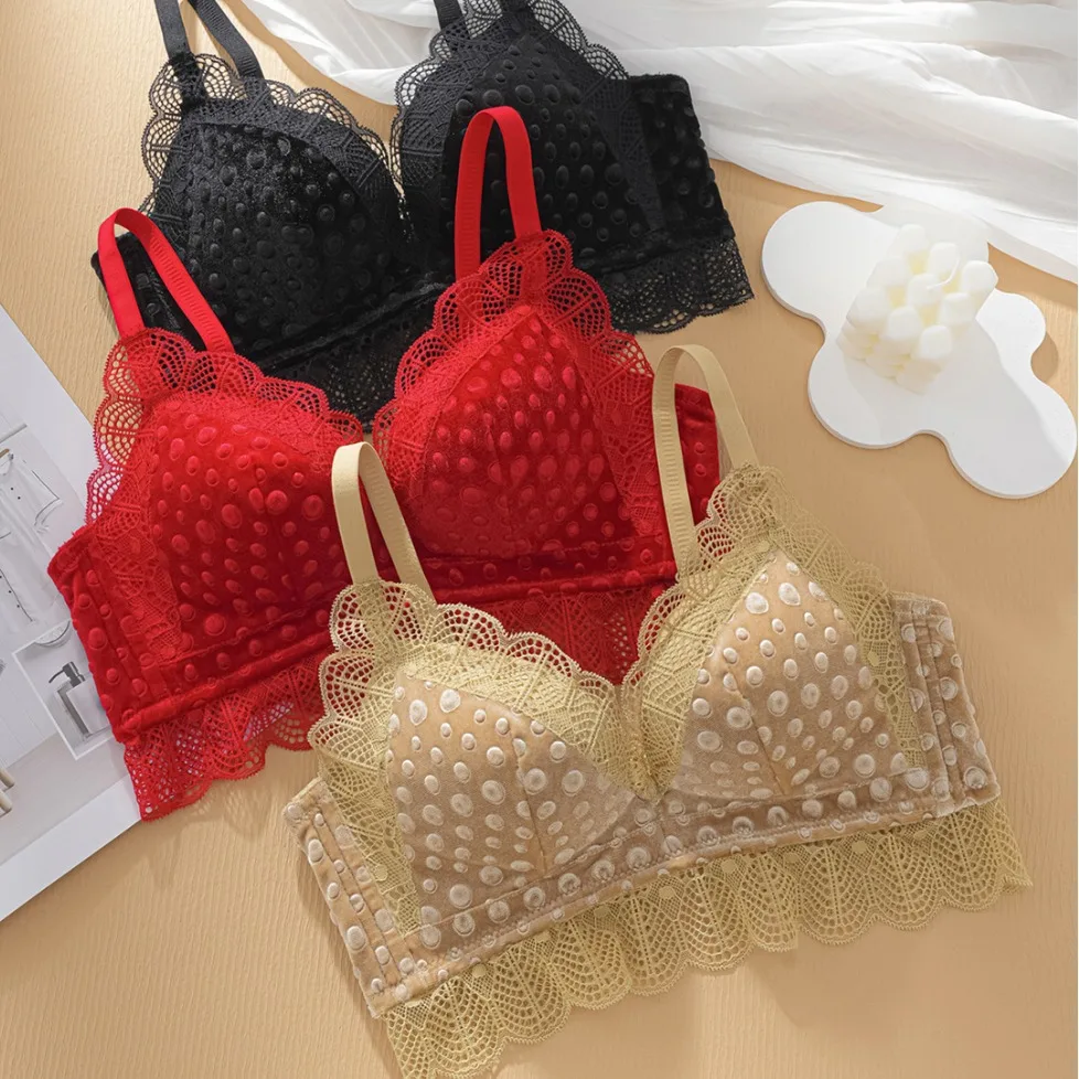 Lace steamed bread cup bra underwear French floral no steel ring lace mesh sexy gathering bra set