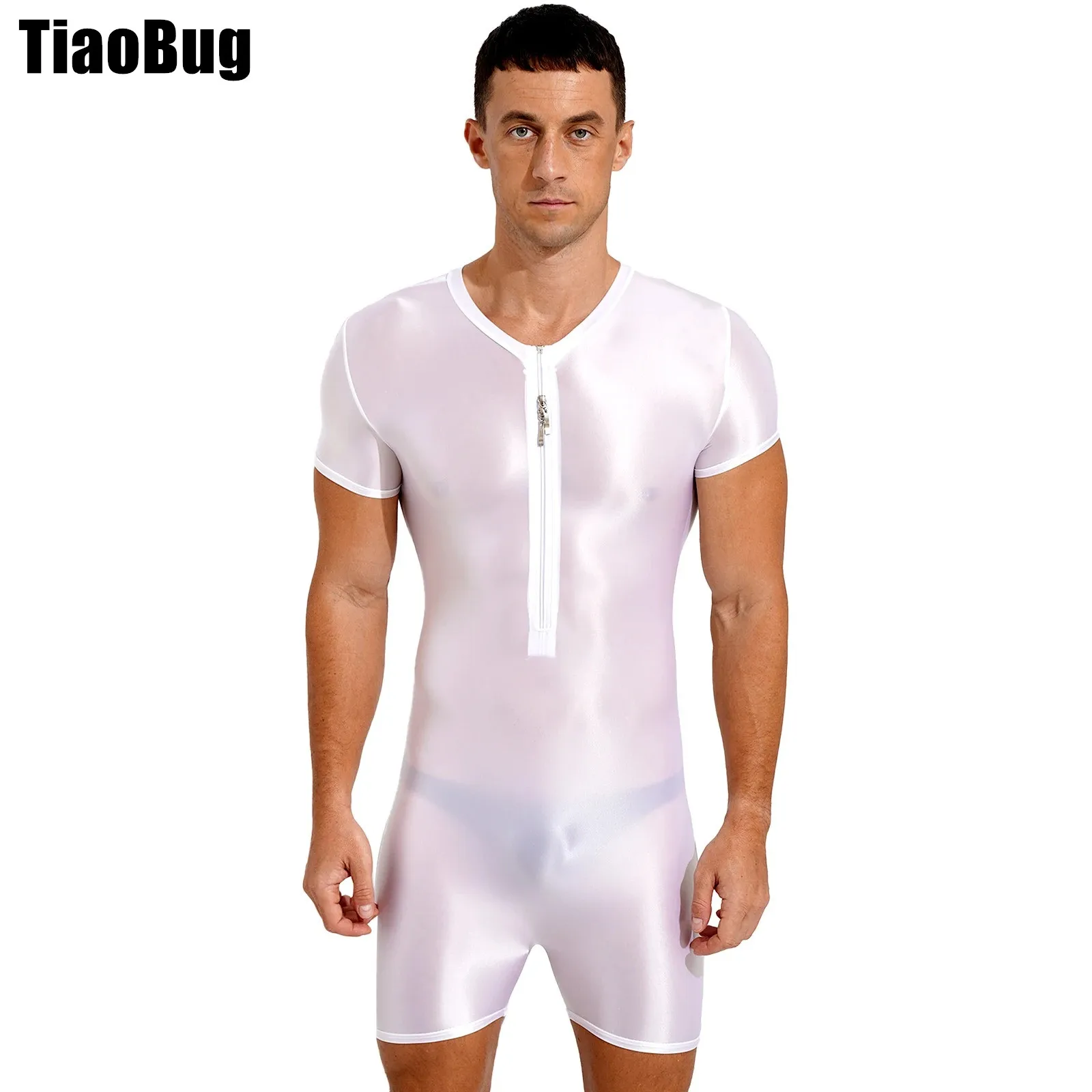 Mens Glossy Swimsuit Short Sleeve Zipper One-Piece Stretchy Round Neck Bodysuit Swimwear for Swimming Bodybuilding Workout